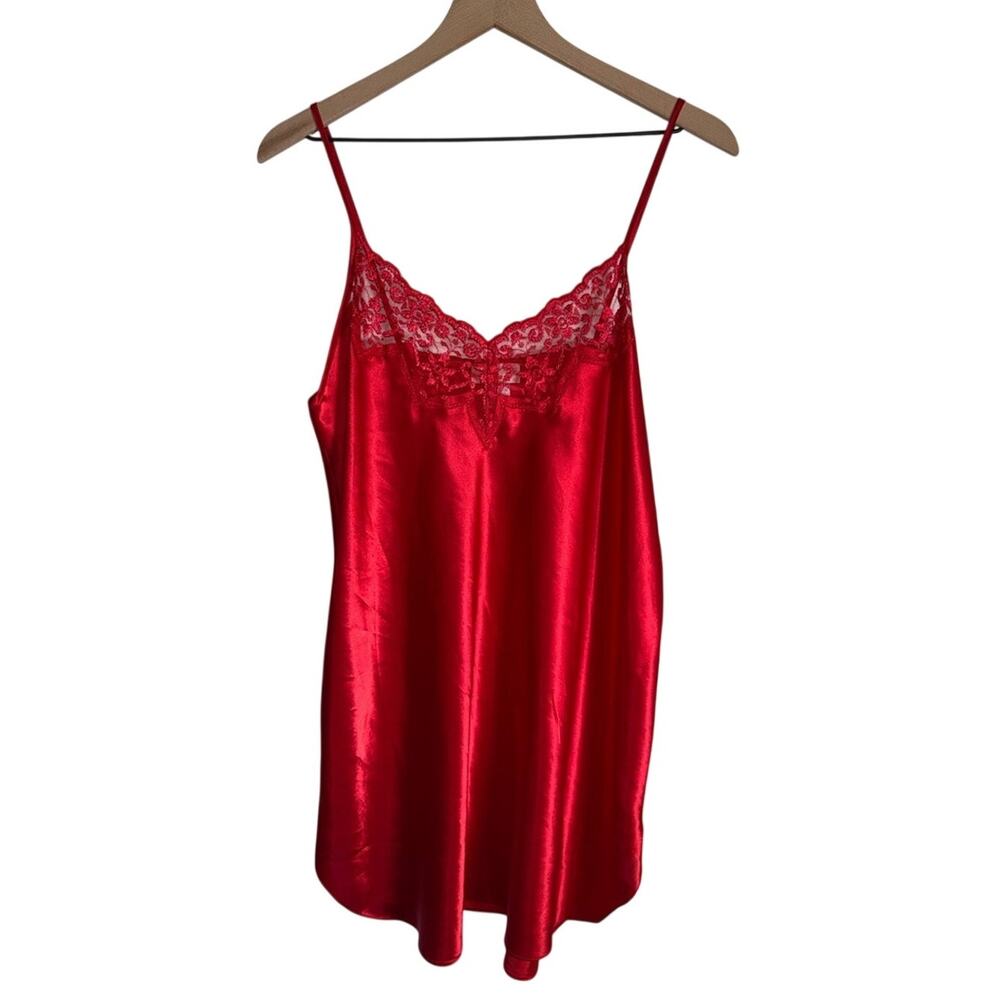 VINTAGE INNER MOST 1980s Red Satin Lace Detail Slip Dress L